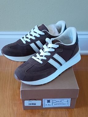 Women's Brown Retro Runner Sneakers with White Stripes